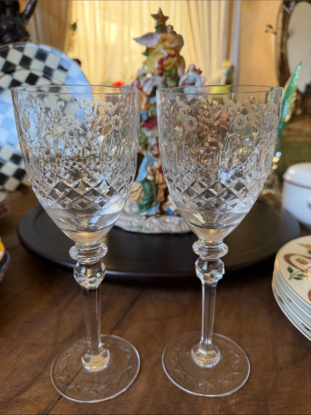 Pair Rogaska Crystal Etched Wine Glasses